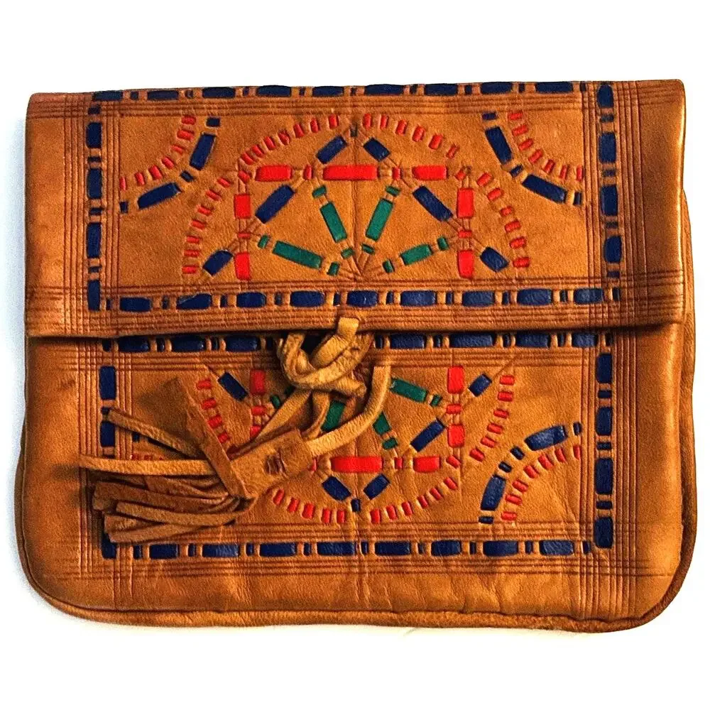 Handmade Morrocan Leather Mini Clutch Coin Purse Fold Over Tassel Toggle Closing